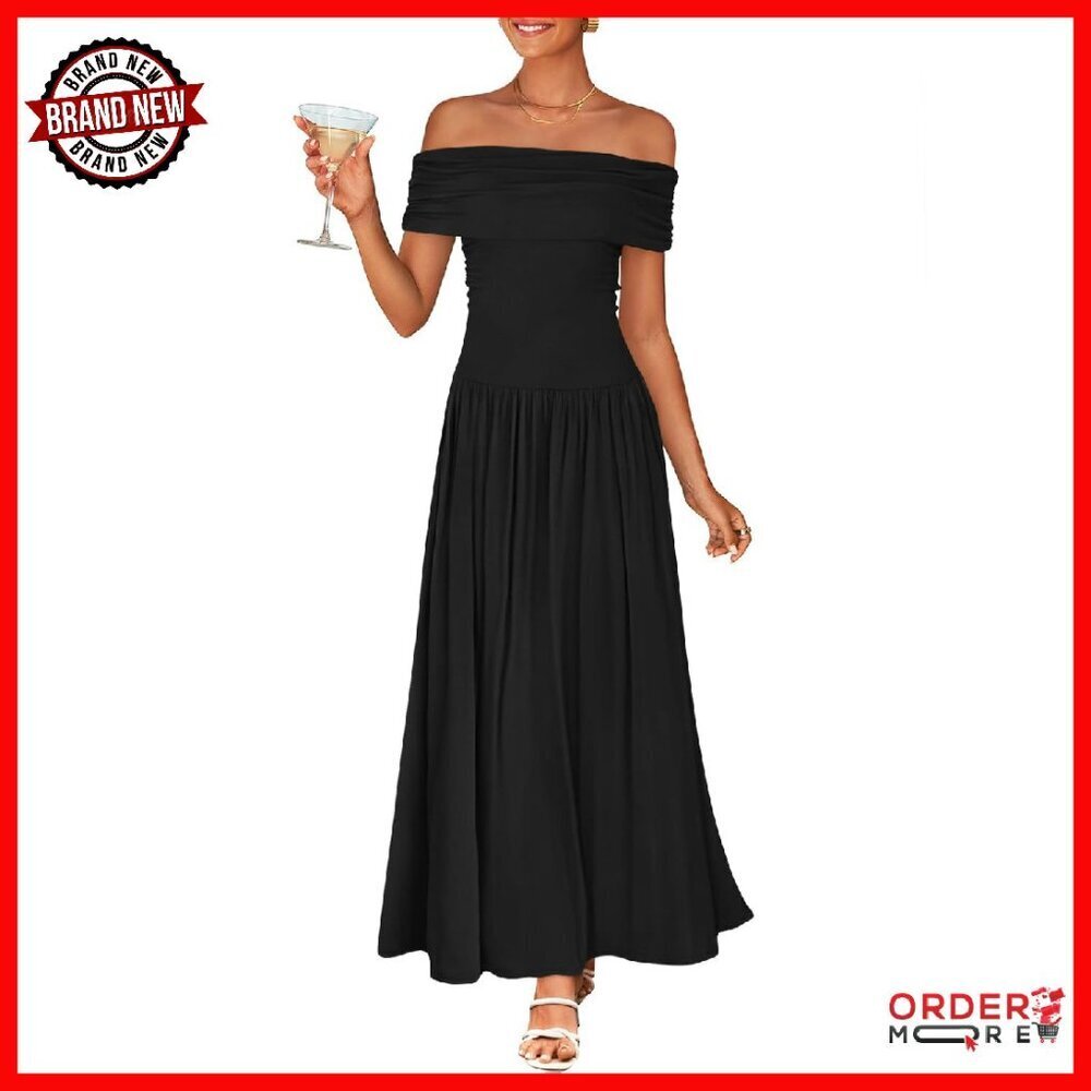 Off Shoulder Maxi Dress Sleeveless Slim Swing Pleated Formal Casual